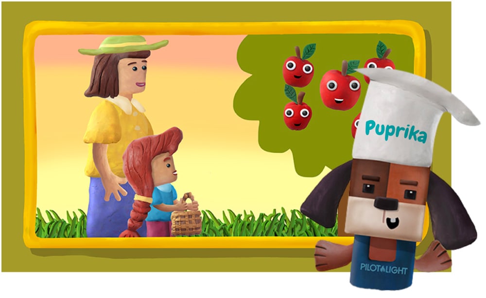 A cartoon scene shows a child with braided red hair and an older person wearing a hat in a field with grass. Smiling apples hang on a tree. A dog character in a chef's hat labeled "Puprika" stands to the side.