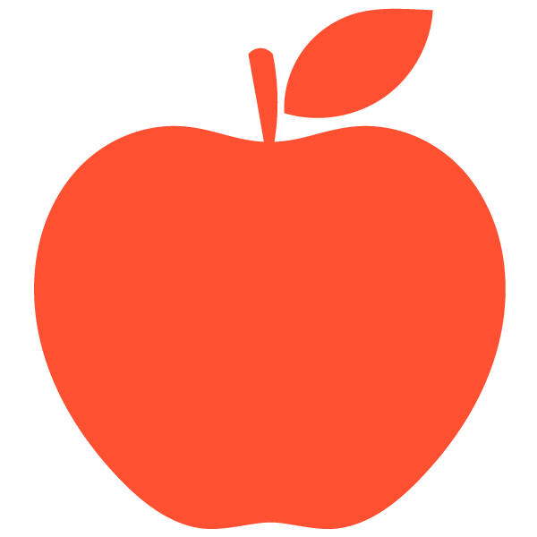 A bold red apple icon with a single leaf on top. The design is simple, modern, and visually striking.