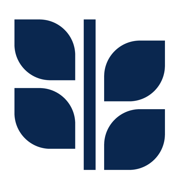 Illustration of a dark blue logo of a plant stalk with four stylized leaves in two bilateral pairs.