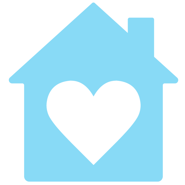 Blue house icon with a white heart shape in the center.