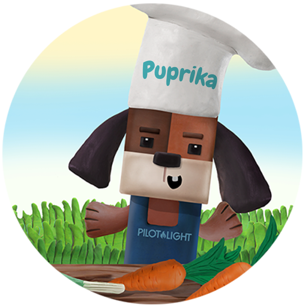 A cartoon dog wearing a chef's hat labeled "Puprika" stands smiling with a carrot on a table. Background features green plants and a clear sky.